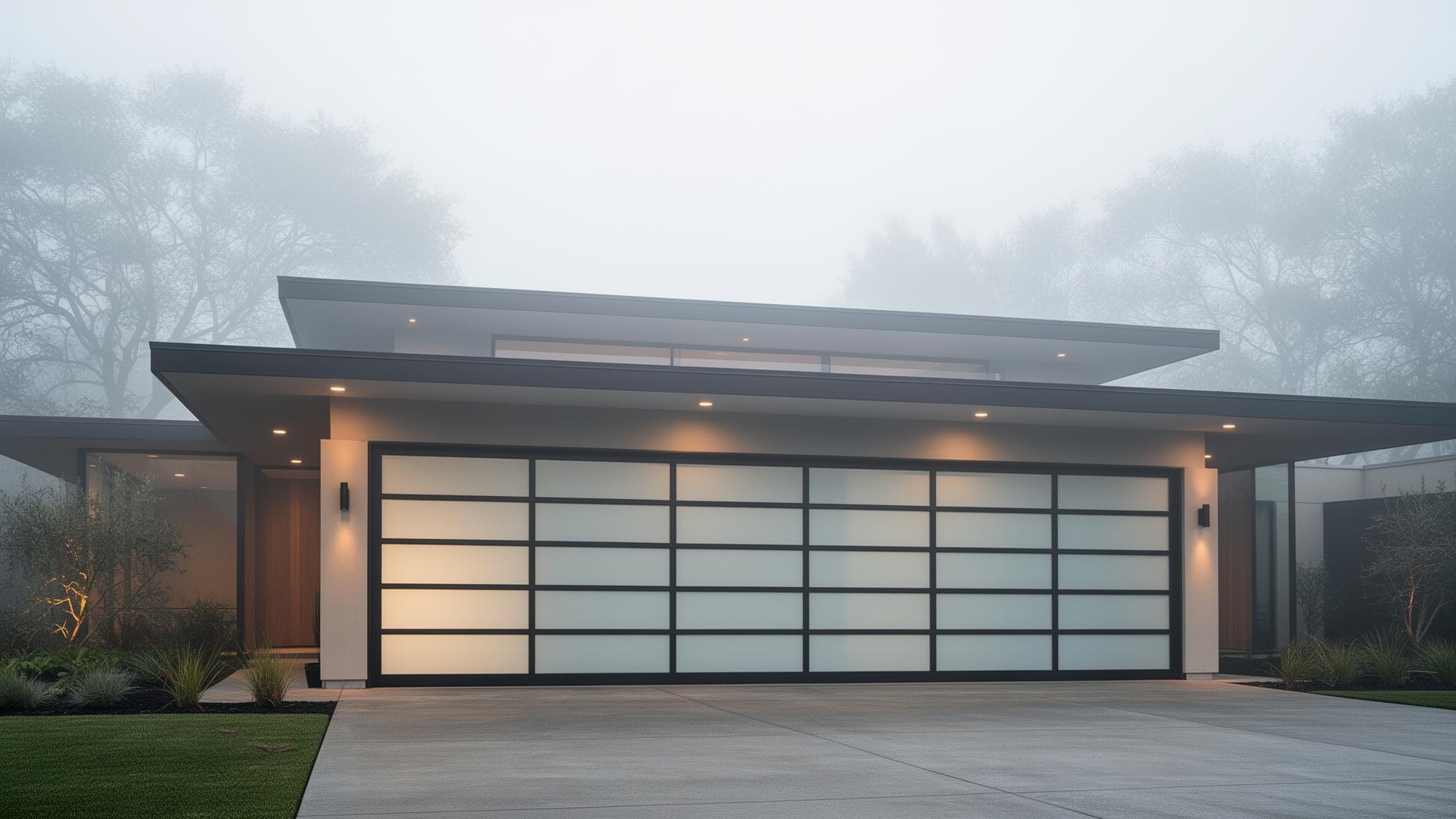 Modern steel garage door with frosted glass panels on contemporary home